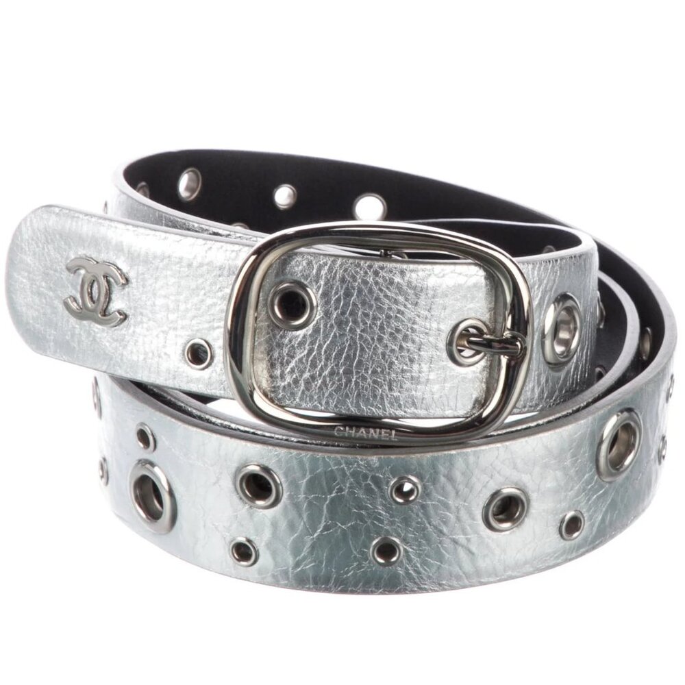 CHANEL CC Logo Eyelet Metallic Silver Leather Belt